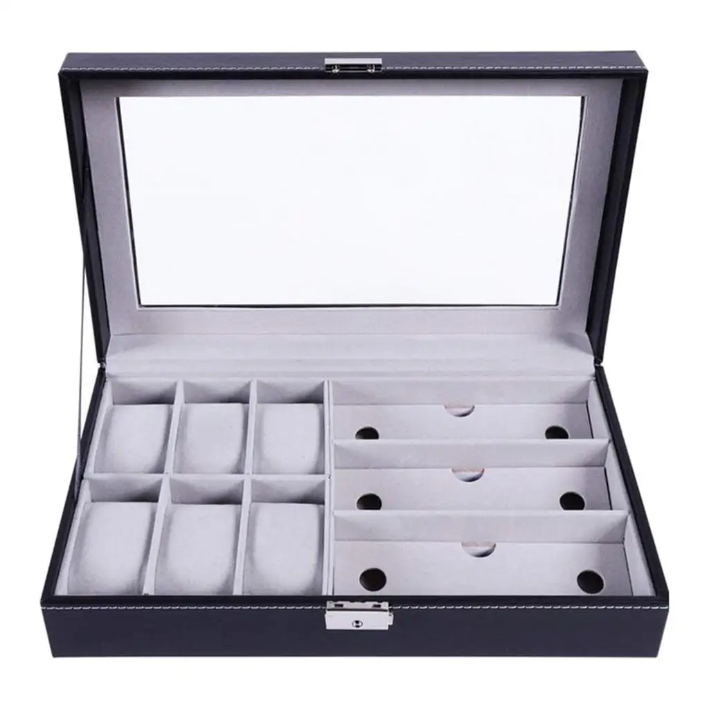 6 Slots PU Leather Watch Case Organizer and 3 Slots Glasses Storage Case, Glass 