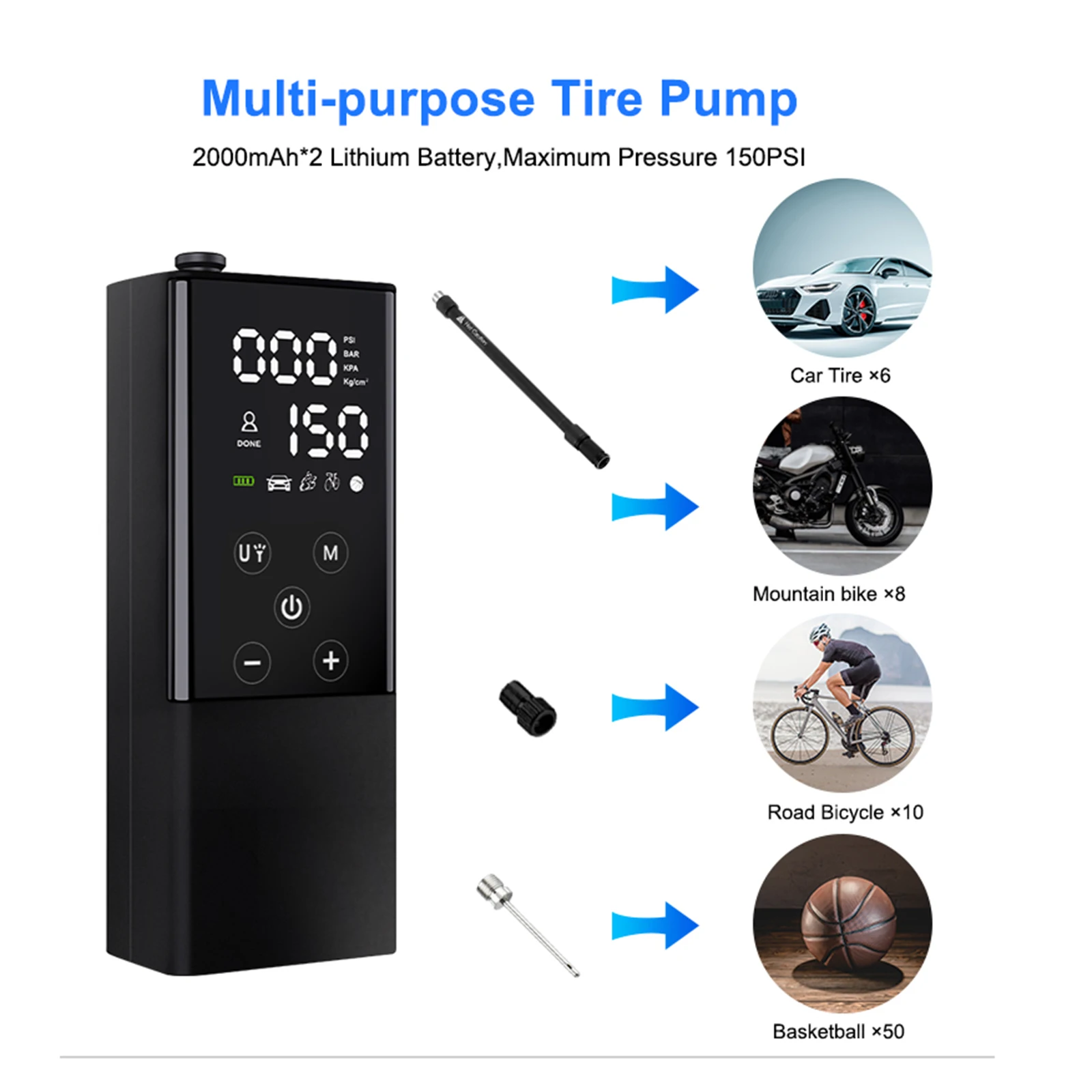 Portable Car Air Compressor Electric Wireless Tire Inflator Air Pump USB Rechargeable LED Light Digital Car Car Motorcycle Ball
