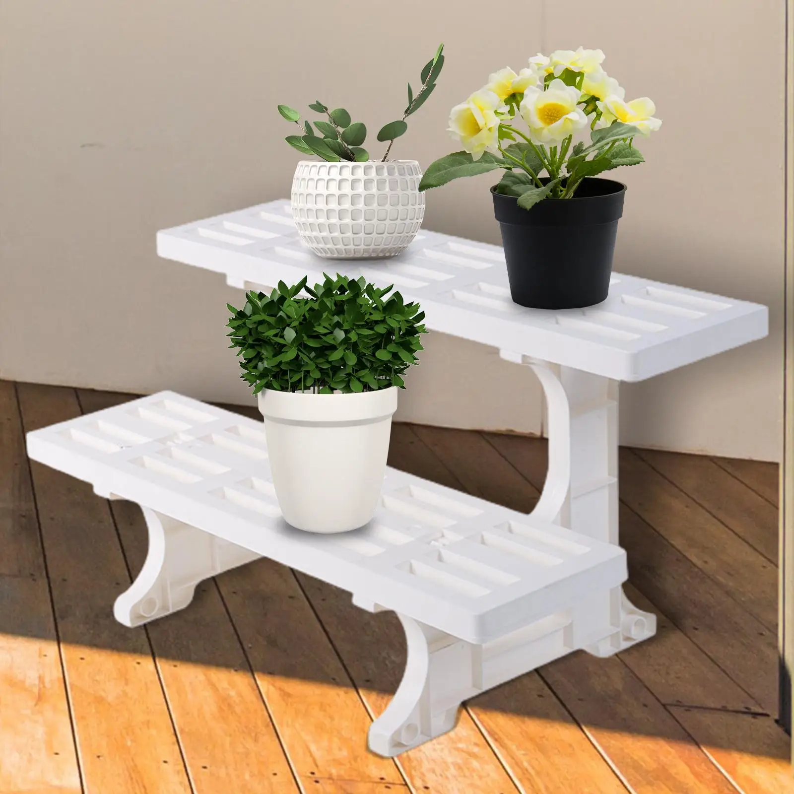 White Planter Stand Flower Pot Decoration Ornament Floor Standing Shelf Rectangle Outdoor Planter Rack for Patio Lawn Yard
