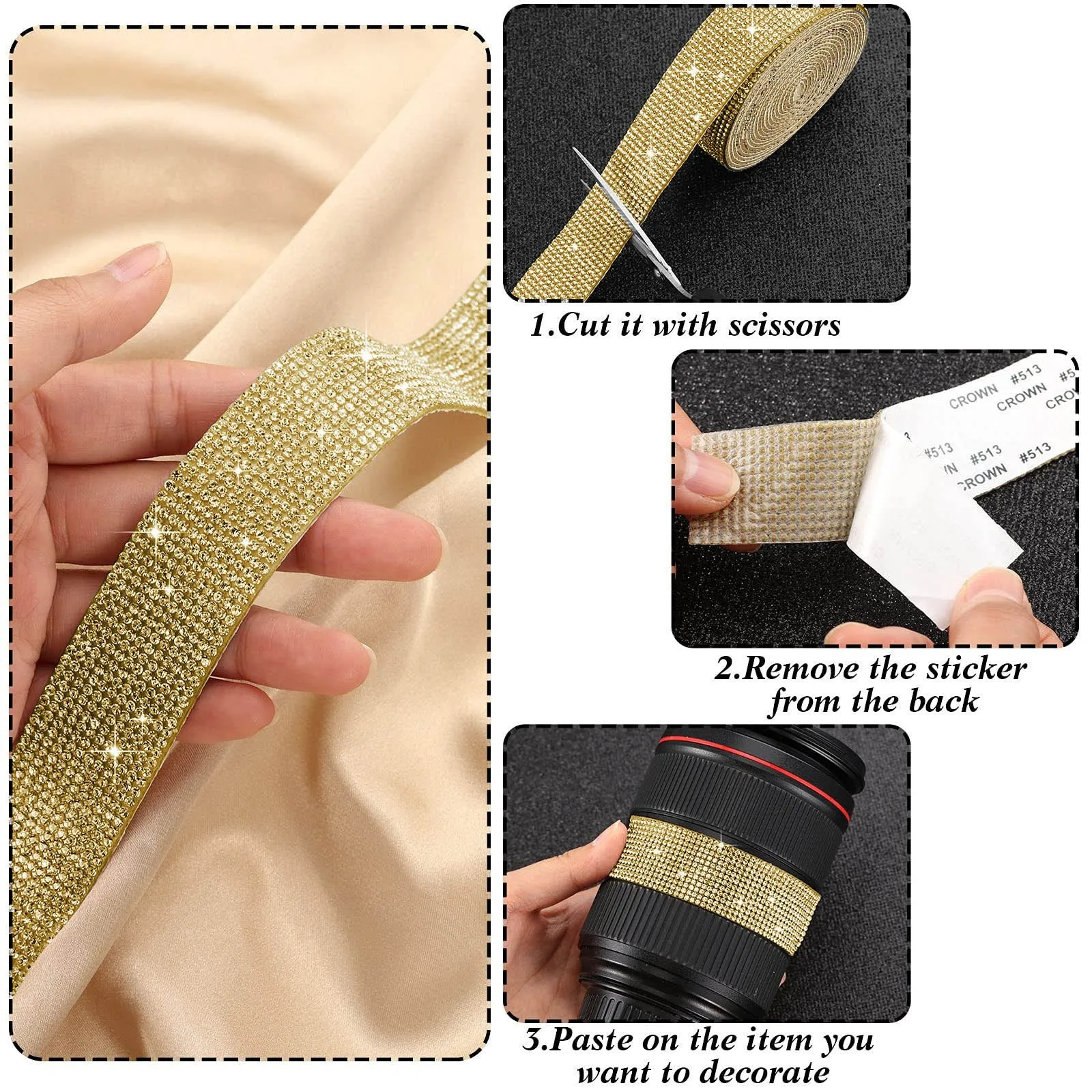 Self-adhesive Crystal Rhinestone Diamond Ribbon Diy Decoration Sticker With Rhinestones For Arts Crafts Decoration Gold #50g tree wall decal