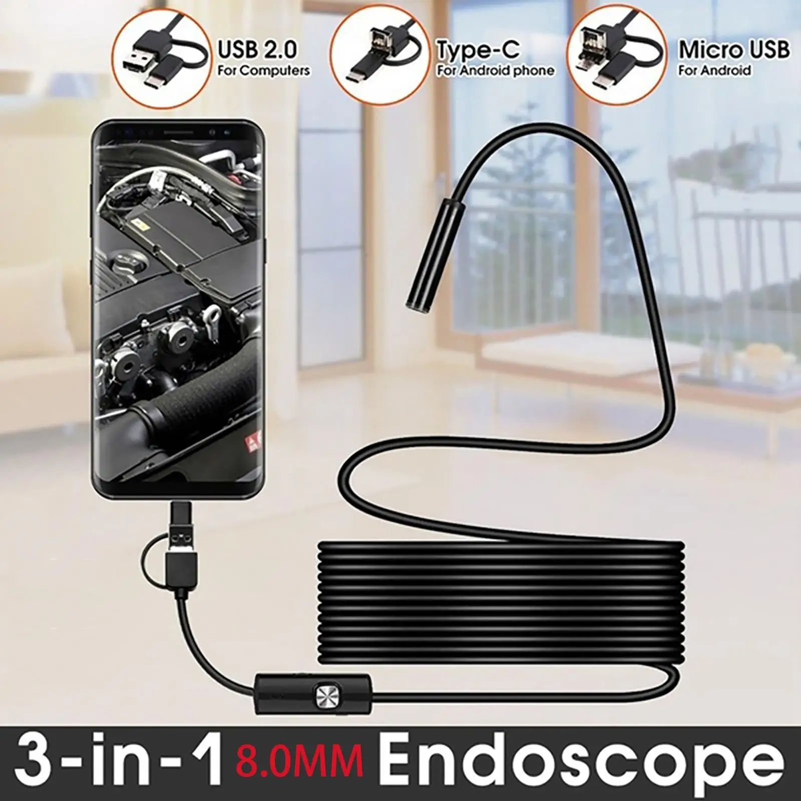 8mm Endoscope Inspection Camera USB Inspection Camera Adjustable Drain Checking Engine Waterproof for Android iOS Windows Tablet