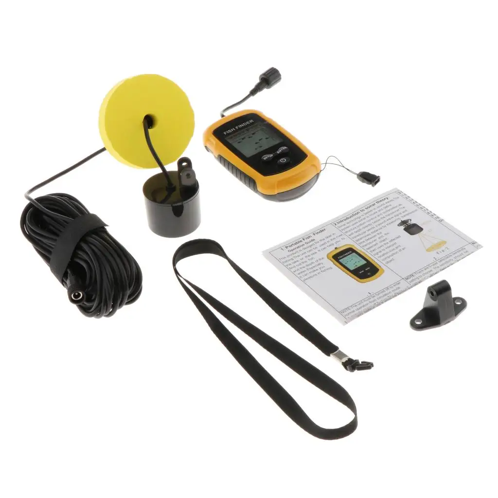Portable Fish, Water Depth & Temperature Fishfinder with Wired Sonar Sensor Transducer and LCD Display