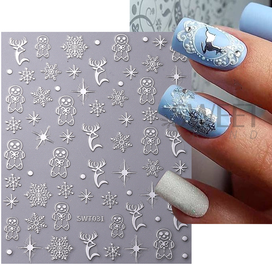 3D Rose Gold Christmas Nail Art Stickers Metallic Elk Snowflake Cookie Man Stars Geometric Lines Winter Xmas New Year Decoration