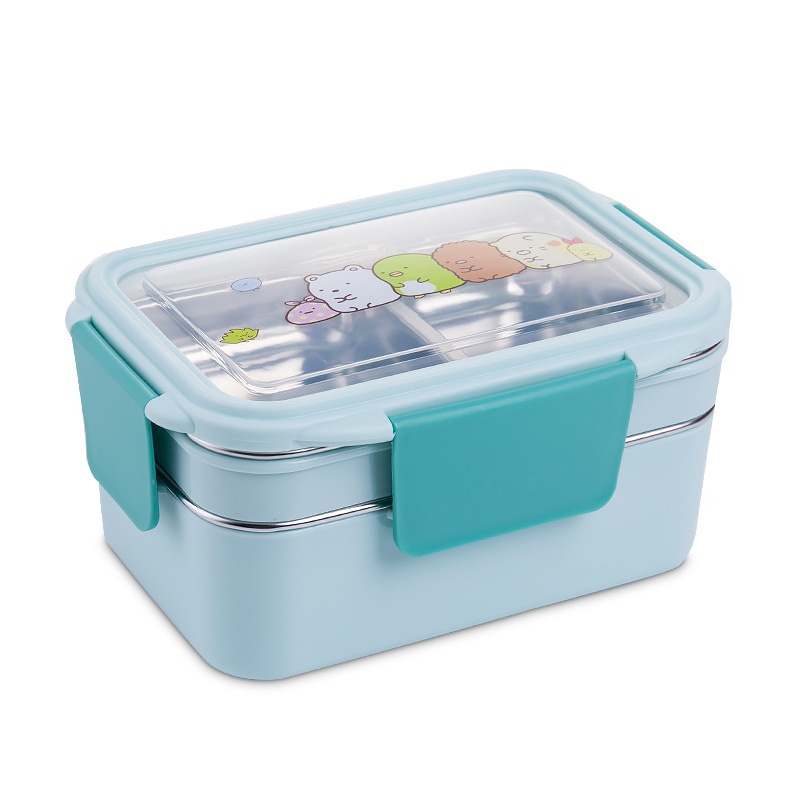 Mit zufälligem Muster Cartoon Lunchbox Edelstahl Doppelschicht Lebensmittelbehälter Tragbare Kinder Picknick Schule Bento – Detail 2