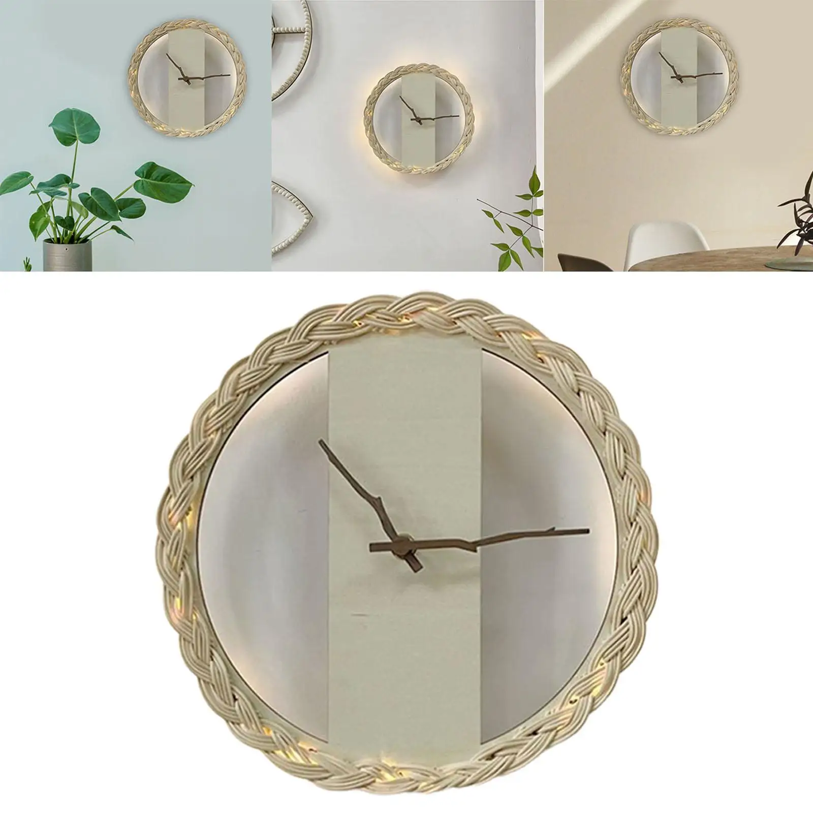 Round Rustic Woven Clock Quiet Wooden Durable Wooden Woven Round Boho Clock for Office Bathroom Restaurant Home Decoration