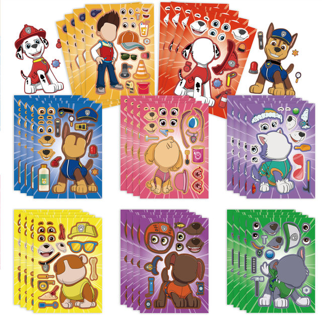 NEW 6 Sheets PAW Patrol Chase Skye Puzzle Stickers Toy Funny Cartoon  Make-a-Face Decal Assemble Jigsaw Children Christmas Gift