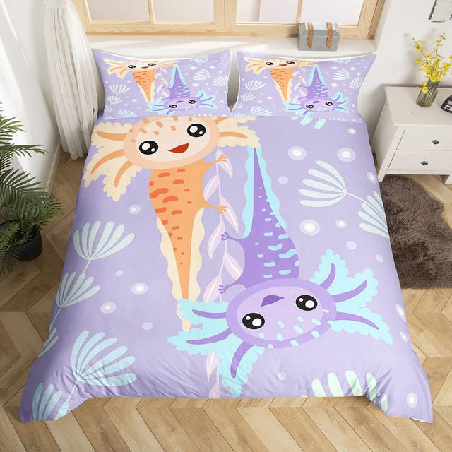 Cute Musical Axolotl Handmade Duvet Cover, Tie Dye Pink Watercolor Comforter Cover, Cartoon Lovely Ocean Animal 2024 Bedding Decor