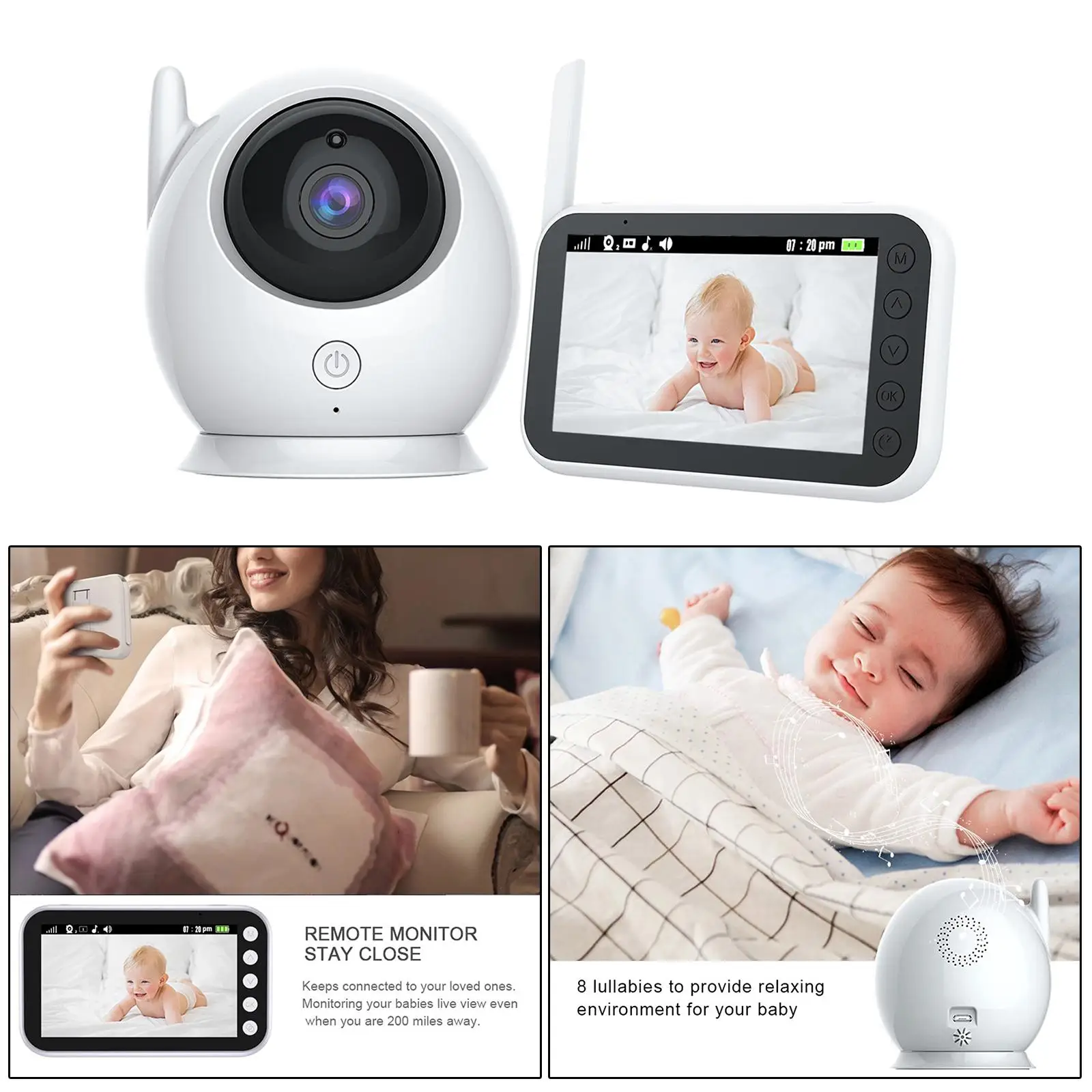 LCD Screen  Video Baby Monitor  Indoor Night  8 Lullabies for Parents  Humidity  Motion  US Plug