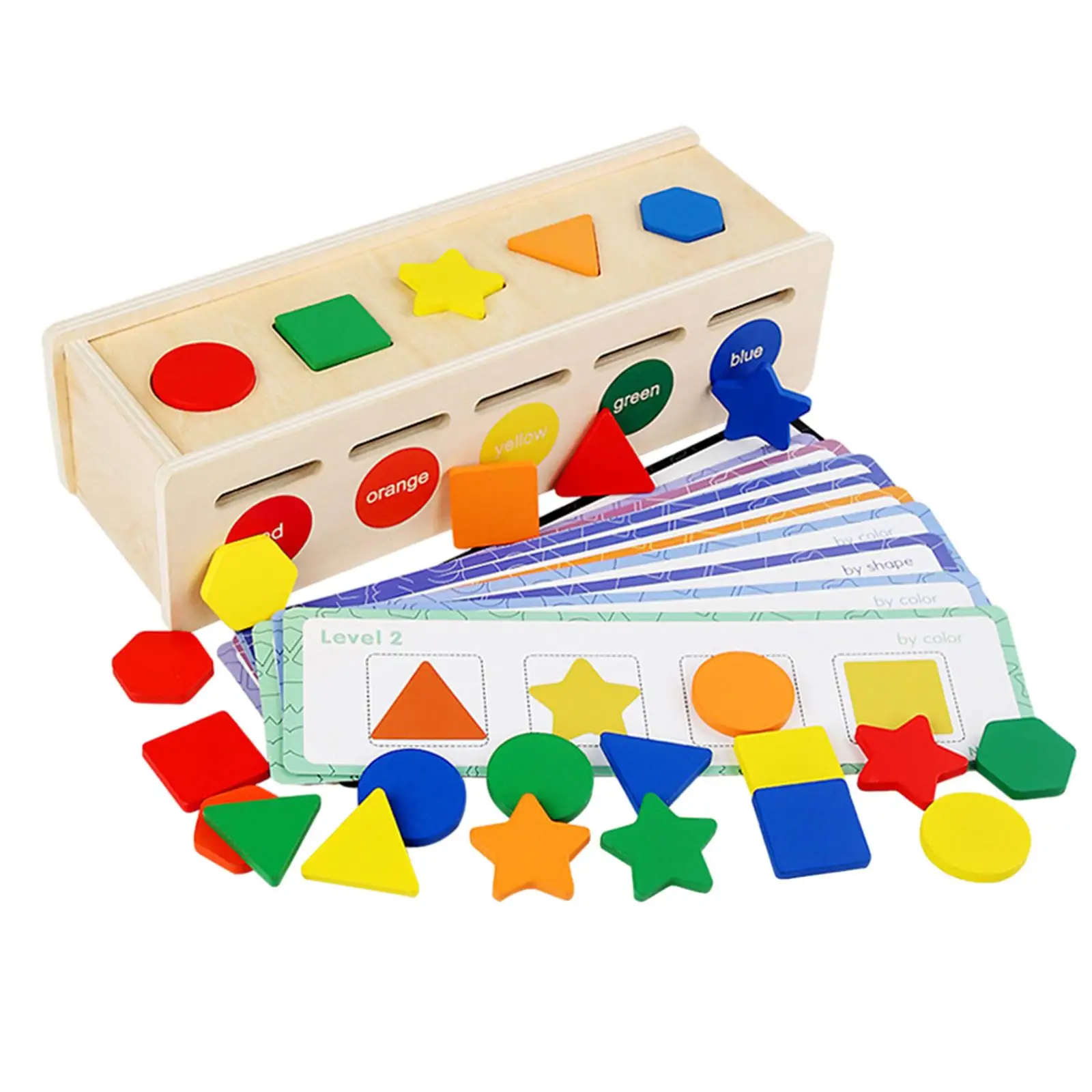 Montessori Toys Color & Shape Sorting Toy Block Puzzles Matching Box, 25 Geometric Blocks and 12 Cards for Children Kids