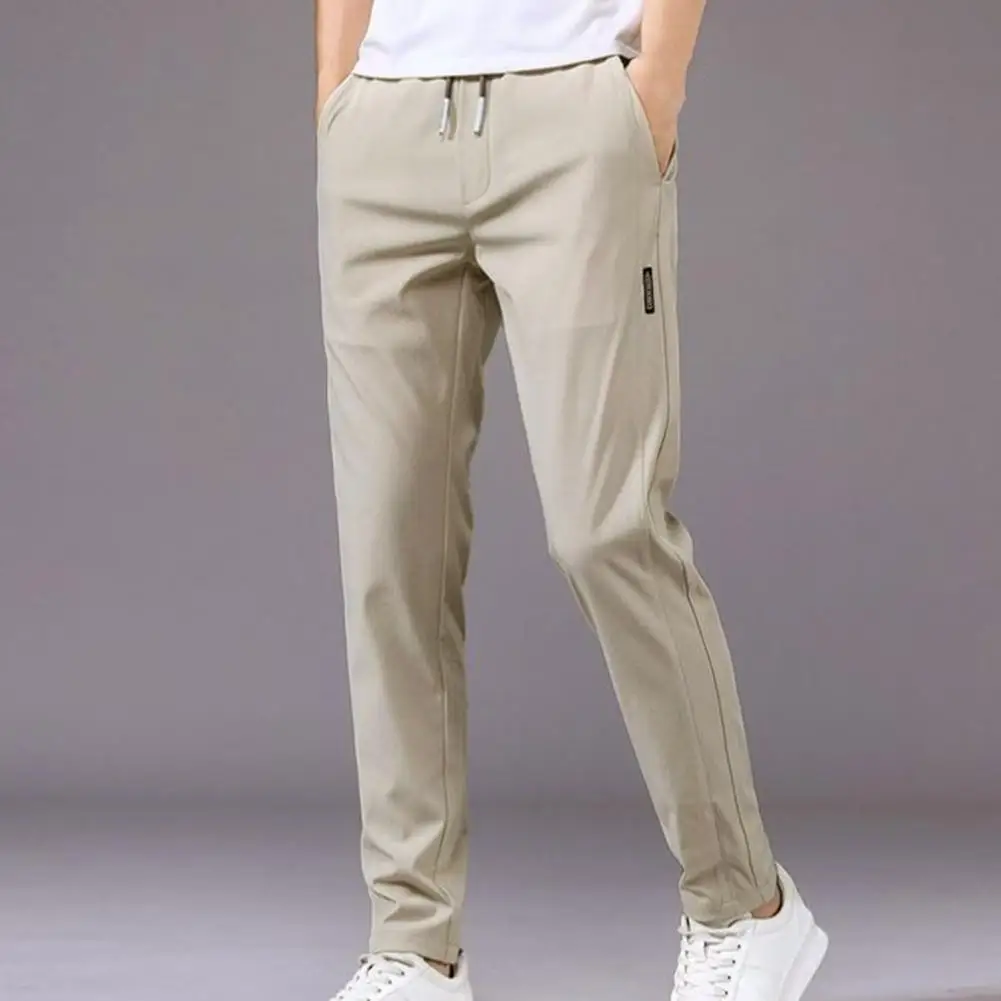 Spring Summer Men Pants Elastic Waist Trendy Korean Style	Casual Drawstring Pants Men Straight-leg Trouser for Street Wear