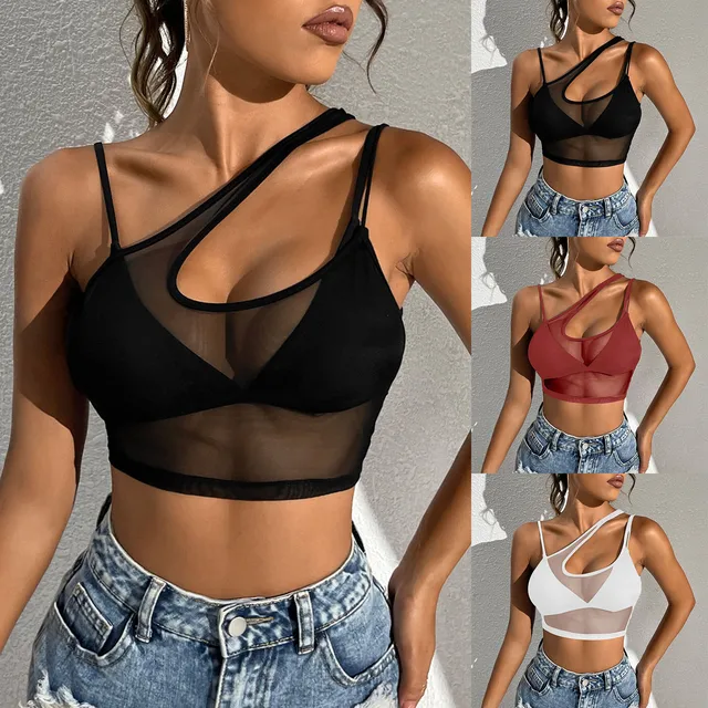 Sheer Mesh Crop Top for Women Sleeveless Bodycon Tees See Through Lace  Blouse Mock Neck Lingerie Clubwear Black at  Women's Clothing store