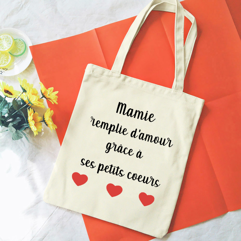 Französische Mamie-Druck-Schultertaschen aus Segeltuch, weibliche Einkaufstaschen, Damen-Reisehandtaschen, umweltfreundliche, wiederverwendbare Aufbewahrungstasche, Geschenke für Oma – Detail 15
