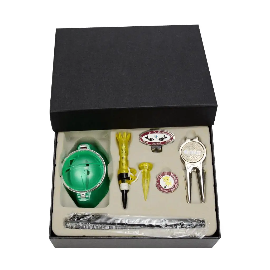 Golf gift box with golf ball liner, t shirts, divot tool, hat clip & ball marker