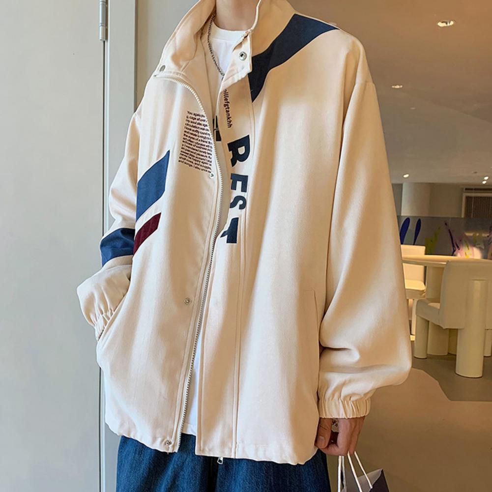 Description Picture 5 of itemSpring Autumn Men Jackets Letter Print Stand Collar Trench Coat Patchwork Color Pockets Single Breasted Zipper Placket Jacket