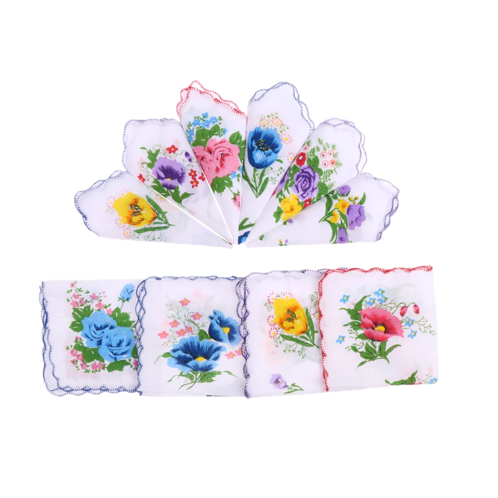 10Pc Vintage  Flower Handkerchief Square Hankies Hanky Women Kids Gift