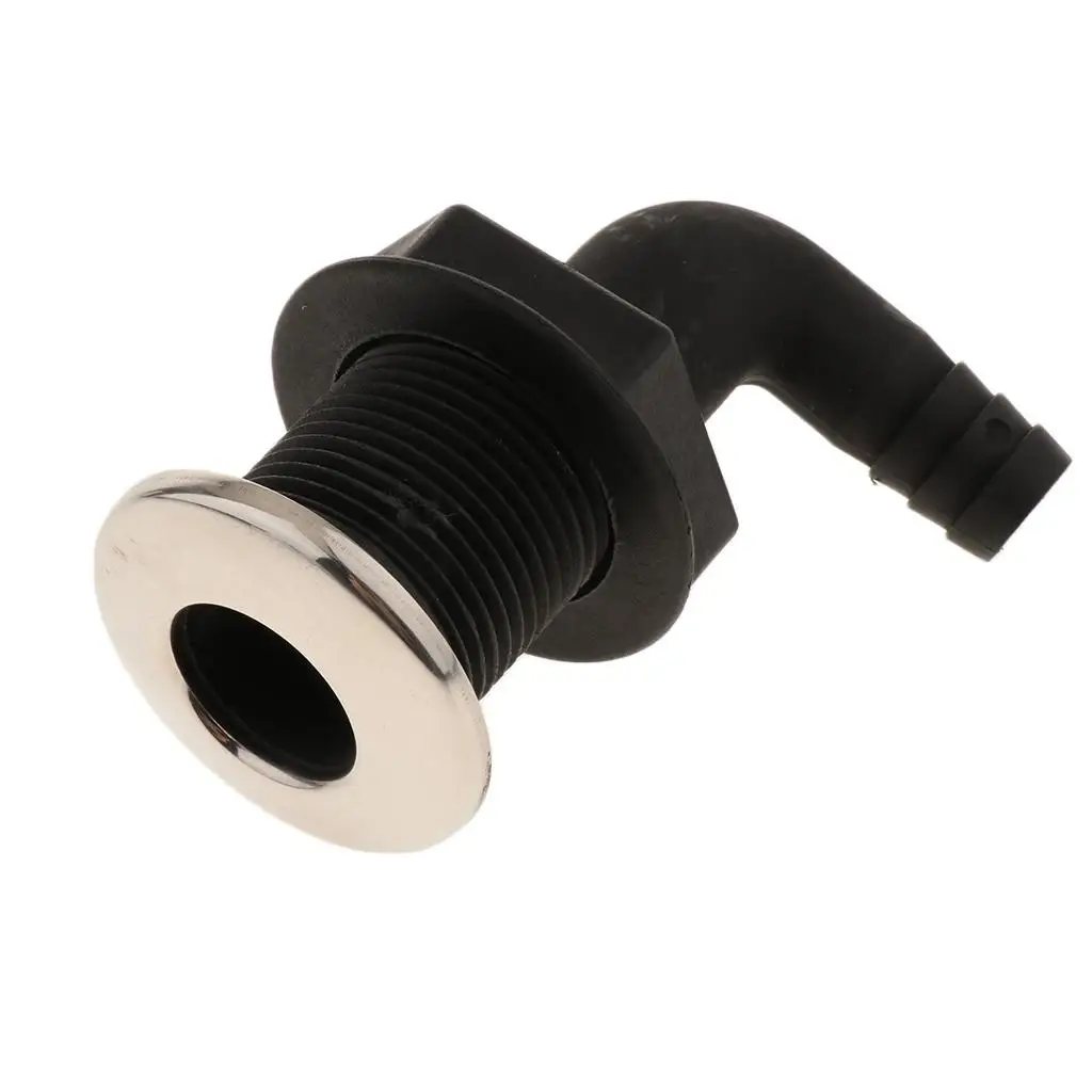 Universal 90 Degree Thru-Hull Connector, Black Finish with Stainless Rim for Marine Boat