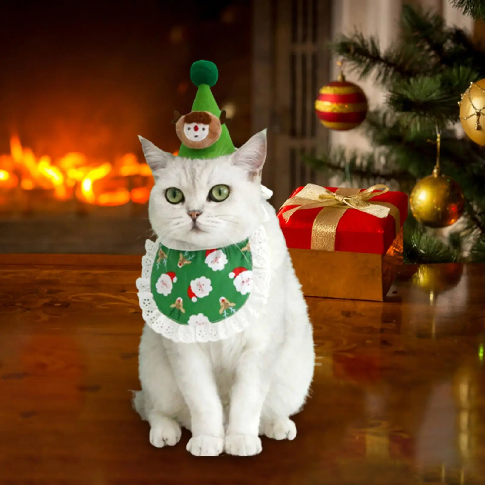 Xmas Cats Dogs Hat and Bib Set Holiday Cute Decor Neck Accessories Headdress