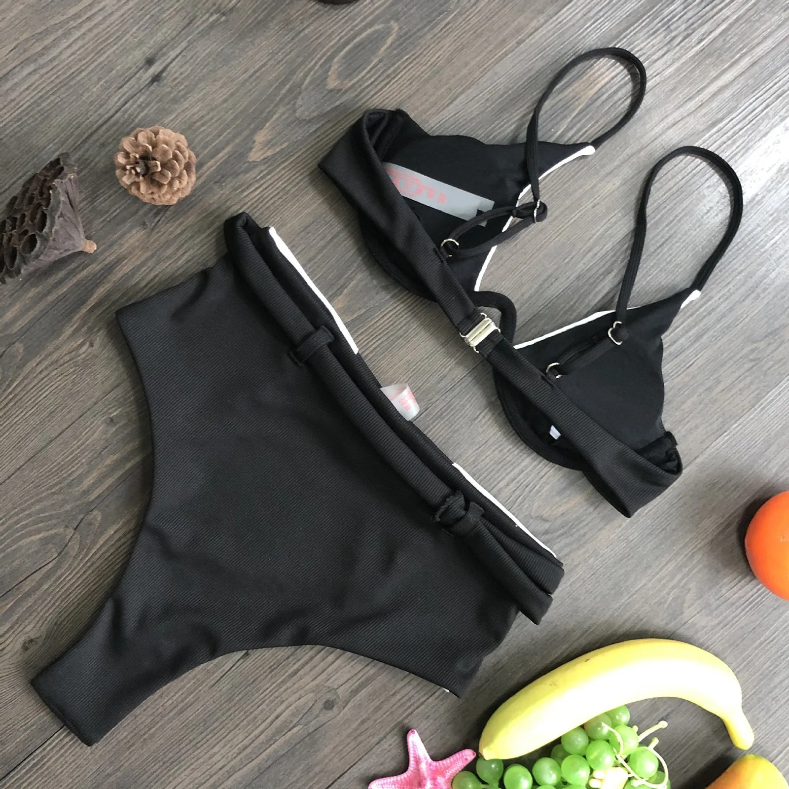 Sexy Halter Bikini Set Ribbed Swimsuit 2022 Women Folds Bathing Suit High Cut Solid Bandage Swimwear Female Bather Bathing Suit black bikini set