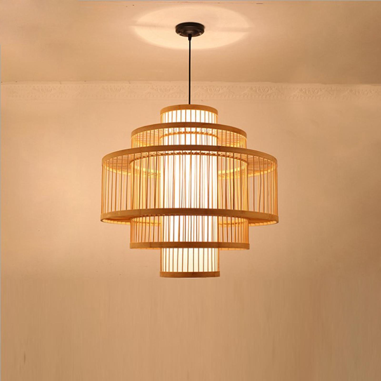 Vintage Ceiling Chandelier, Bamboo Lampshade Ceiling Lamp for Dining Room Kitchen