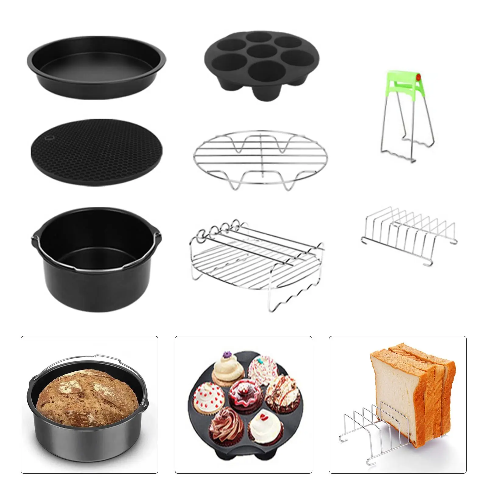 8x Non-Stick Air Fryer Accessories Set Air Fryer Parts Air Fryer Accessory Kit Cake Barrel Clamp for 3.5-6Qt BBQ Cooking Kitchen