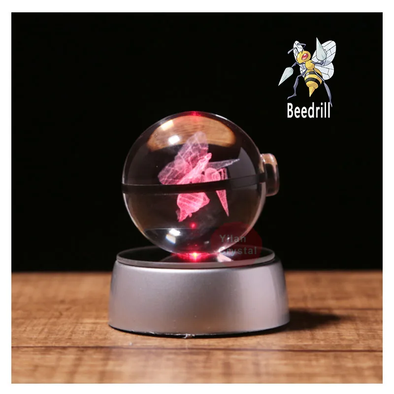 Anime Pokemon Beedrill 3D Crystal Ball Pokeball Anime Figures Engraving Crystal Model with LED Light Base Kids Toy ANIME GIFT