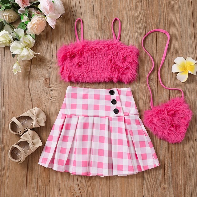 2-piece Kid Girl 100% Cotton Pleated Solid Tank Top and Bow Button Design Skirt Set