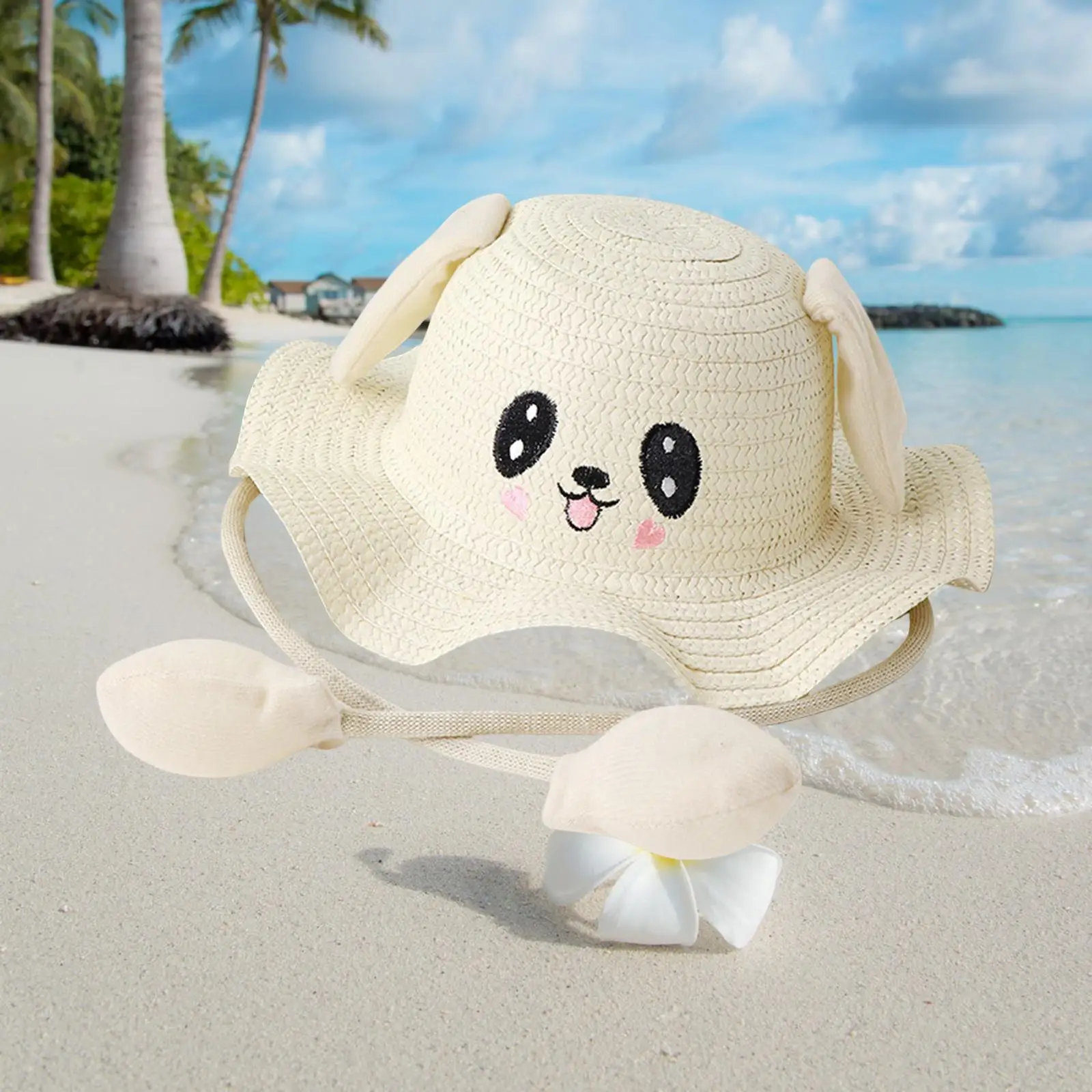 Rabbit Ear Straw Hat Fisherman Cap with Ears Moving Beach Hat Sun Hat for Costume Beach Summer Outdoor