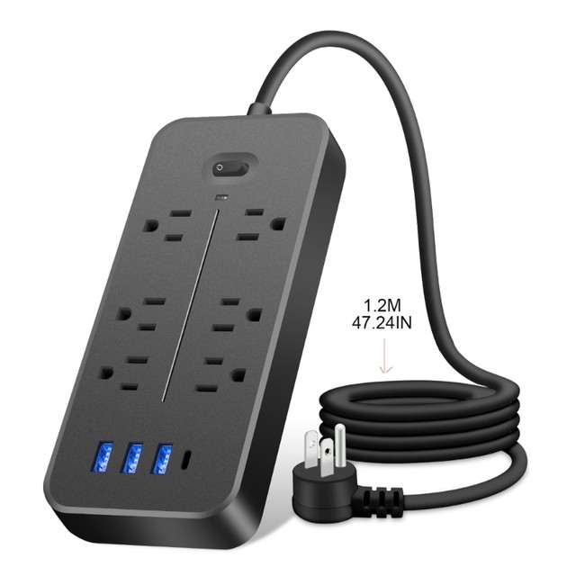 Protector de sobretensiones de regleta - 8 tomacorrientes y 3 puertos USB y  1 puerto USB-C, 1700 julios, cable de alimentación de 6 pies, enchufe