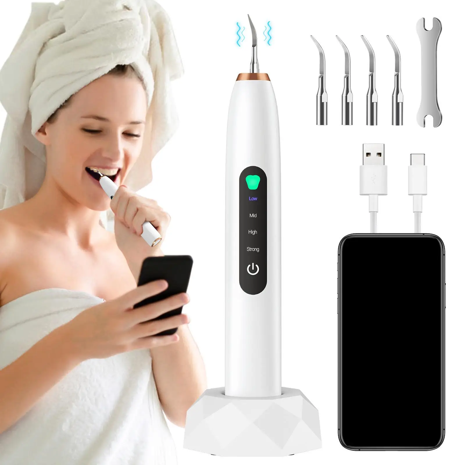 Ultrasonic Tooth Cleaner Visual Stain Eliminator 4 intensities with Camera Irrigator Teeth Rechargeable Ultrasonic Cleaning Set