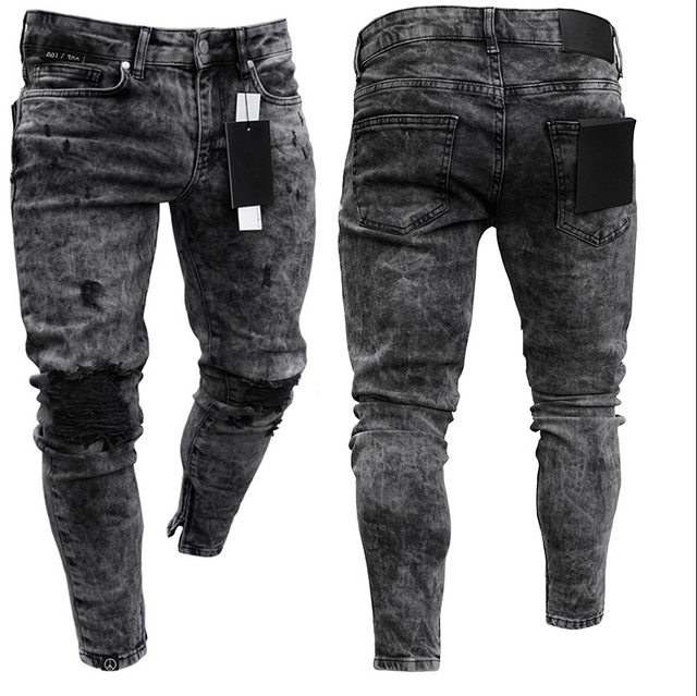 New High Quality Men Skinny Jeans Snowflake Casual Slim Zipper Pencil Pants  Denim