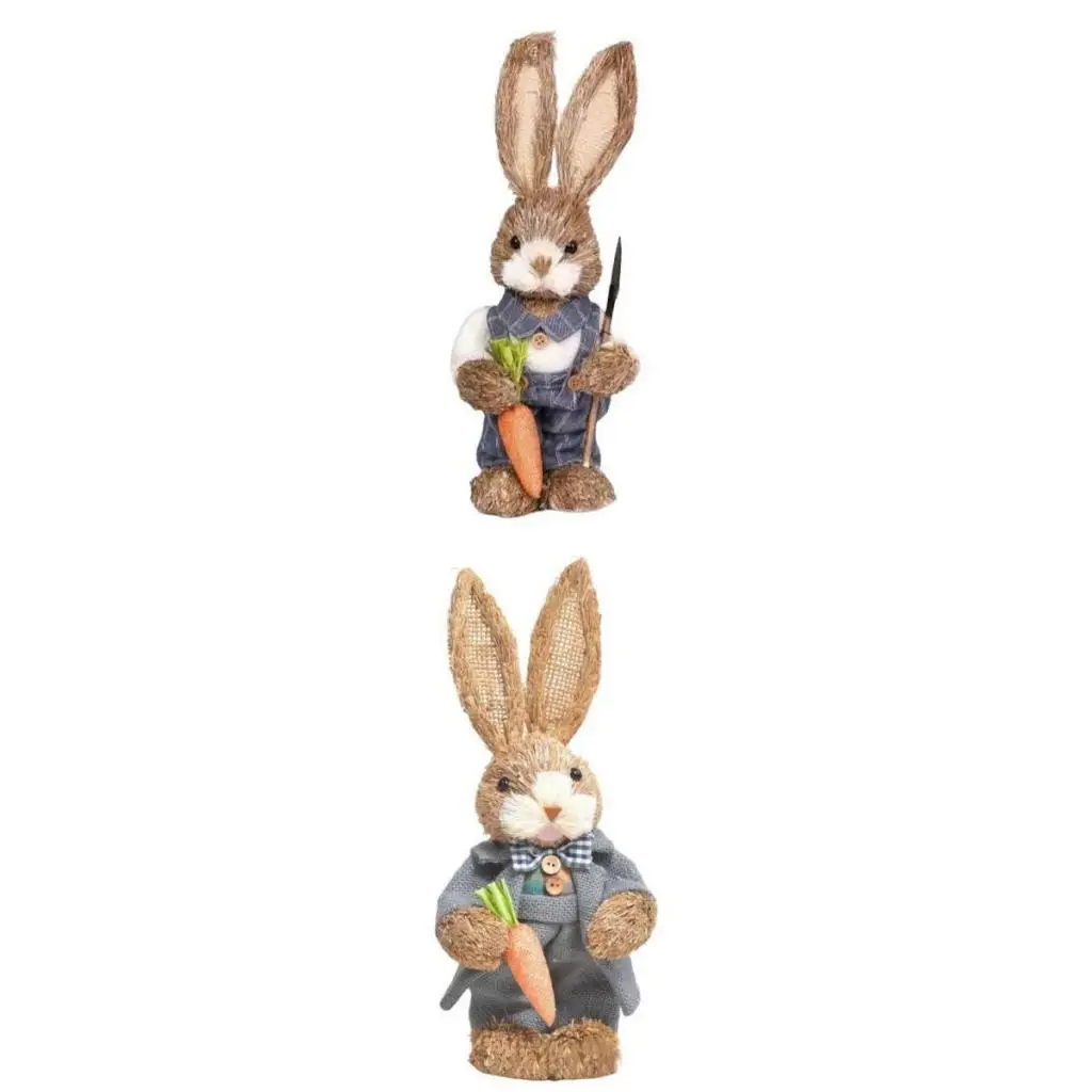 2x Straw Rabbit W/Carrot Easter Simulation Ornament Handmade for Home Decor