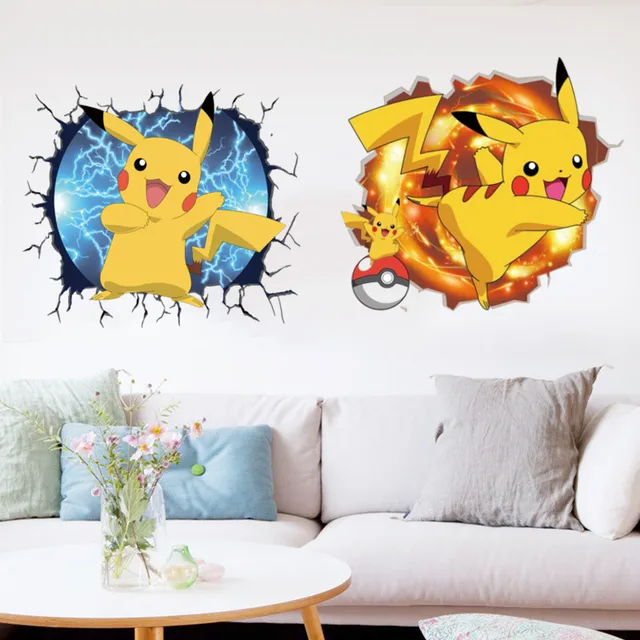 Pokemon pikachu adesivos de parede anime kawaii papel de parede sala quarto  dos desenhos animados pvc quebrado 3d graffiti decoração presente novo -  AliExpress