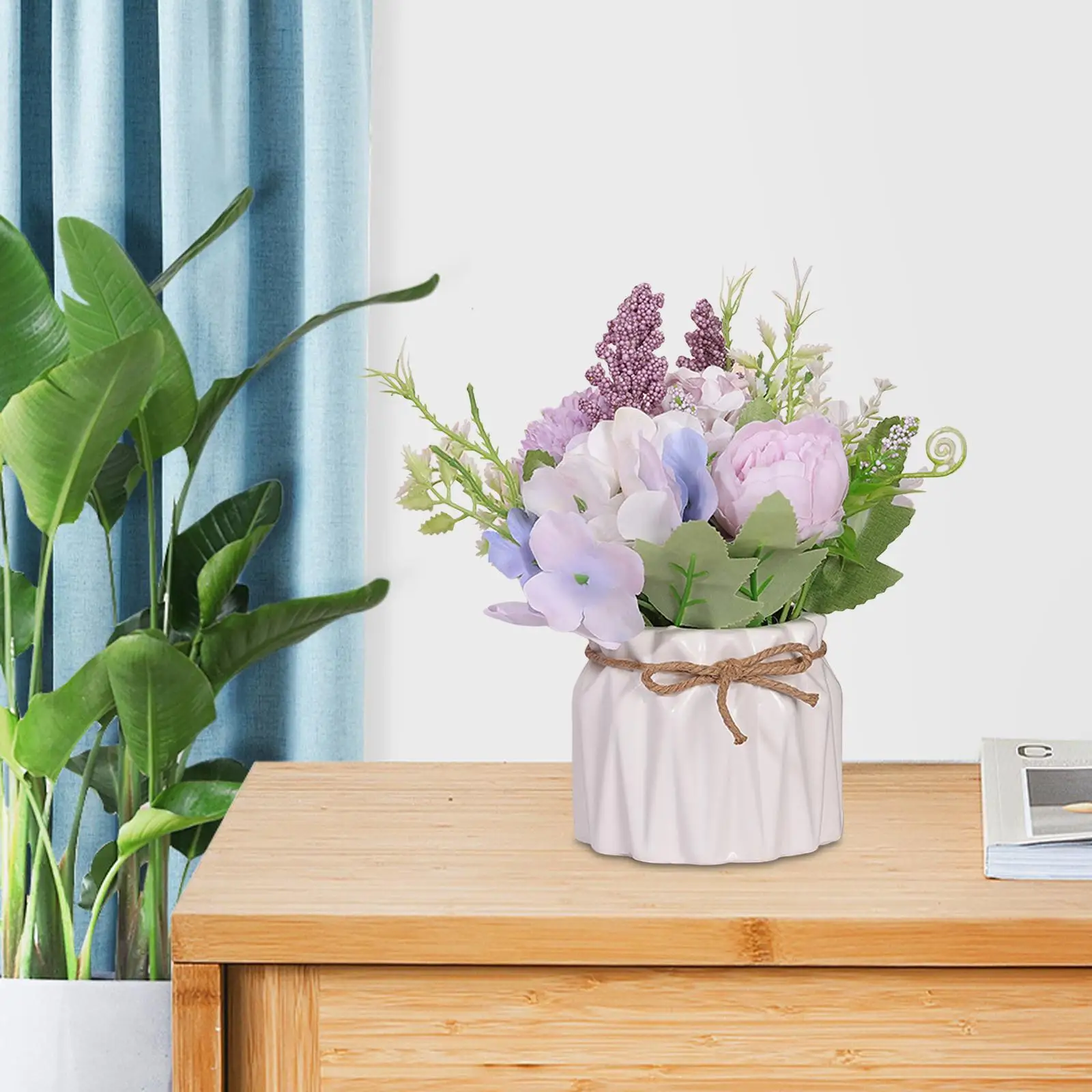 Mini Artificial Flowers Hydrangea Flower Bonsai with Vase Flower Arrangement Plant Potted for Kitchen Home Party Office Decor