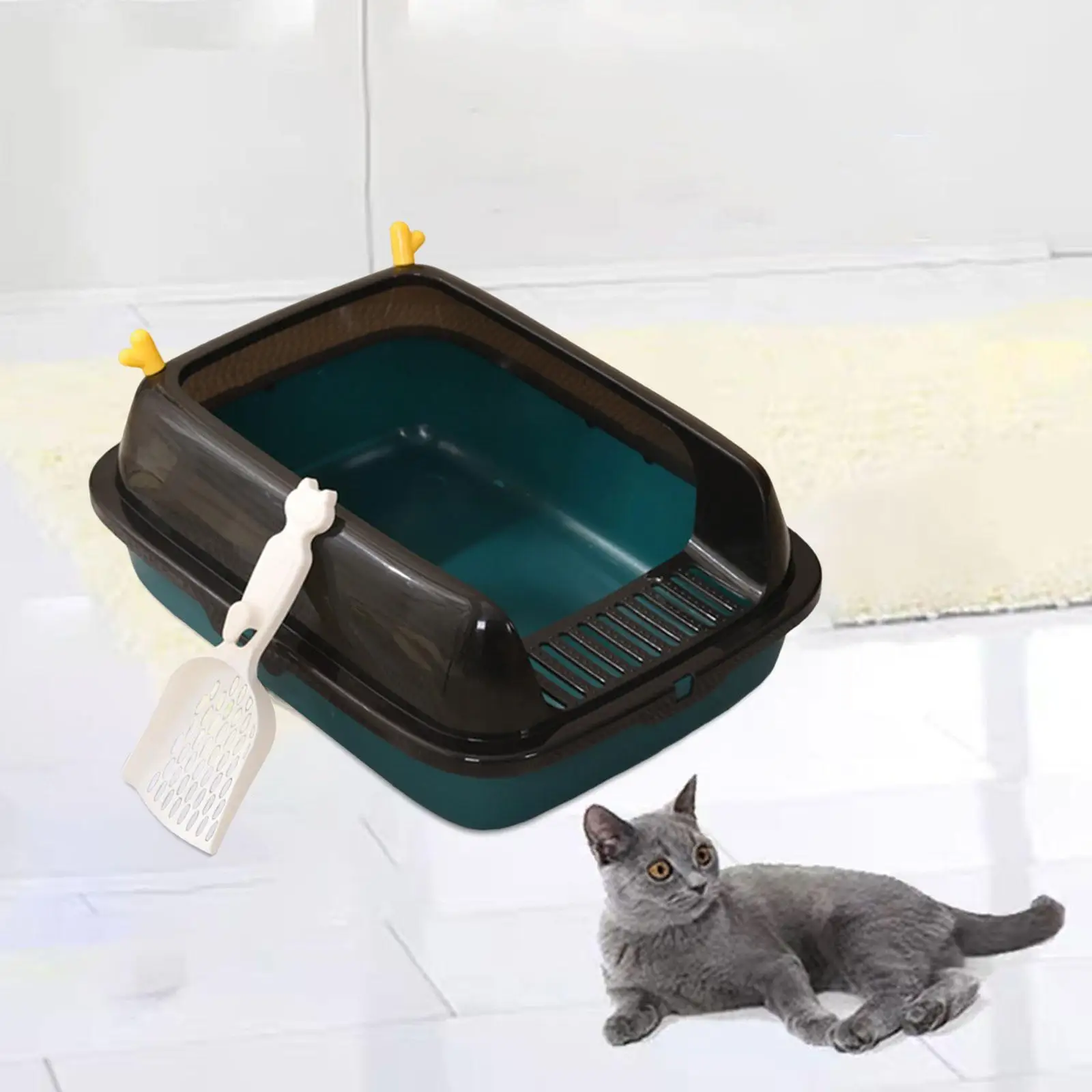 Semi Enclosed Cat Litter Box and Spoon Splashproof Portable Kitten Toilet