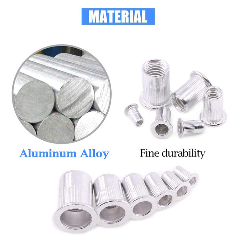 100pcs M3-M8 Aluminium legierung Flach kopf Gewinde Niete insatz Nussert Kappe Mutter Multi-Größe Niet mutter Kit Niet pistole Werkzeug – Detail 2