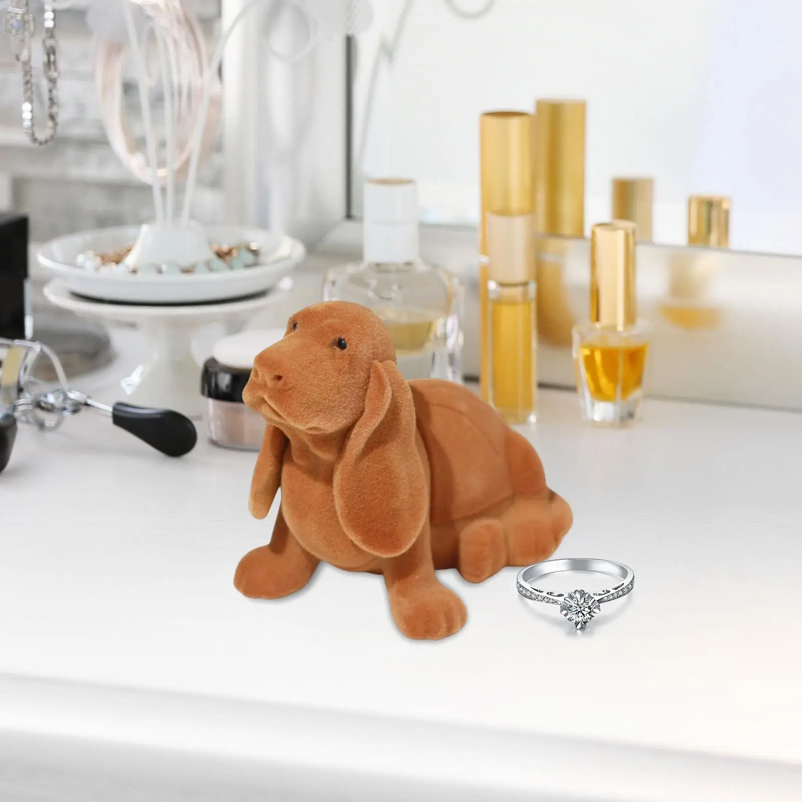 Animal Jewellery Ring Case Brown Cute Puppy Dog Ring Boxes for Anniversary Valentine`s Day Birthday Display Wedding Engagement