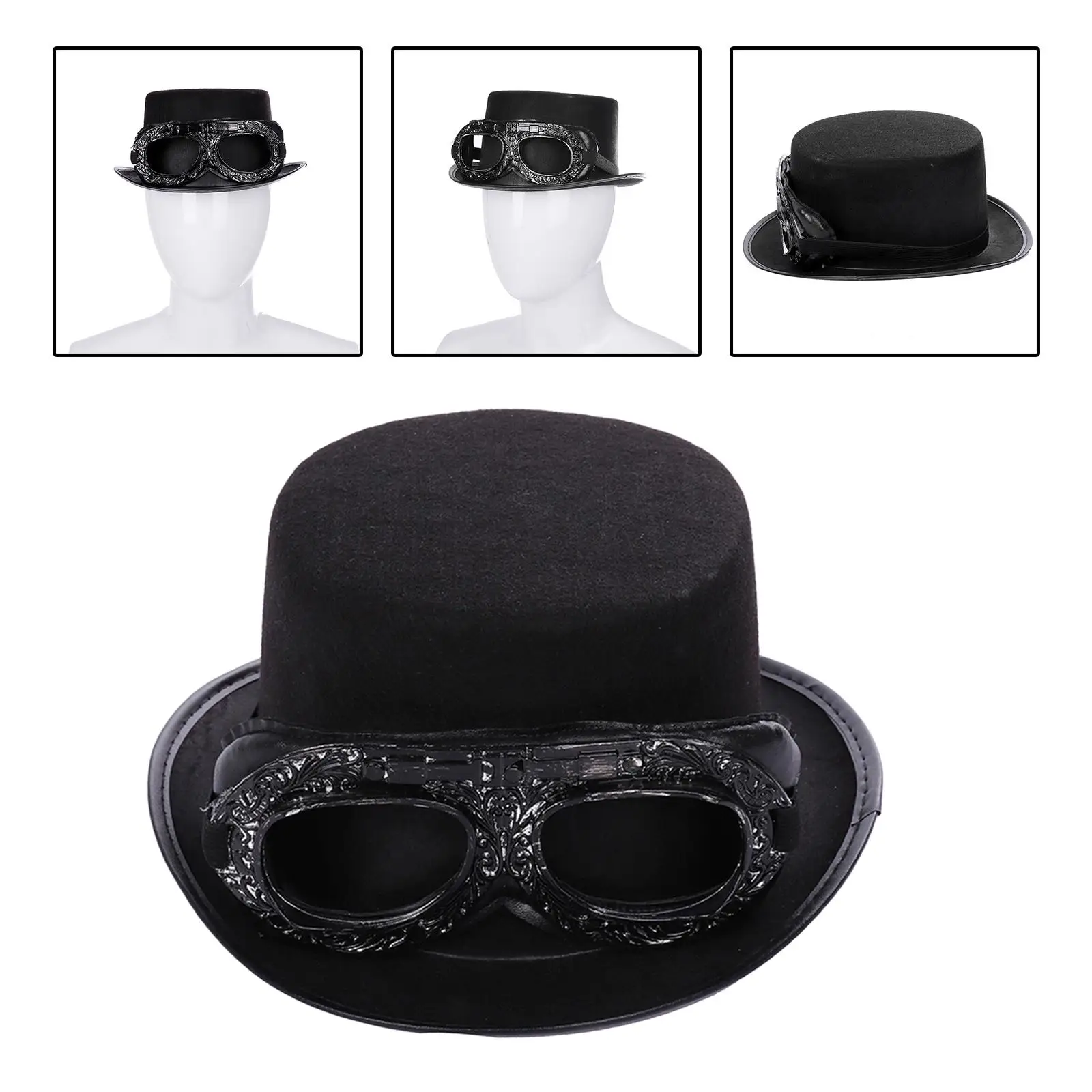 Deluxe Black Steampunk Top Hat with Goggles Punk Costume Hat Gear for Unisex Halloween Party Fancy Dress Costume Accessory