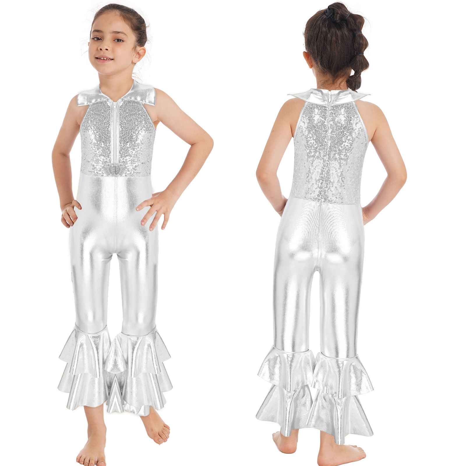 Kinder Mädchen Pailletten Ballett Gymnastik Trikot Vintage Party Hippie Kostüm Disco Diva Tanz Leistung Overall Glocken boden – Detail 3