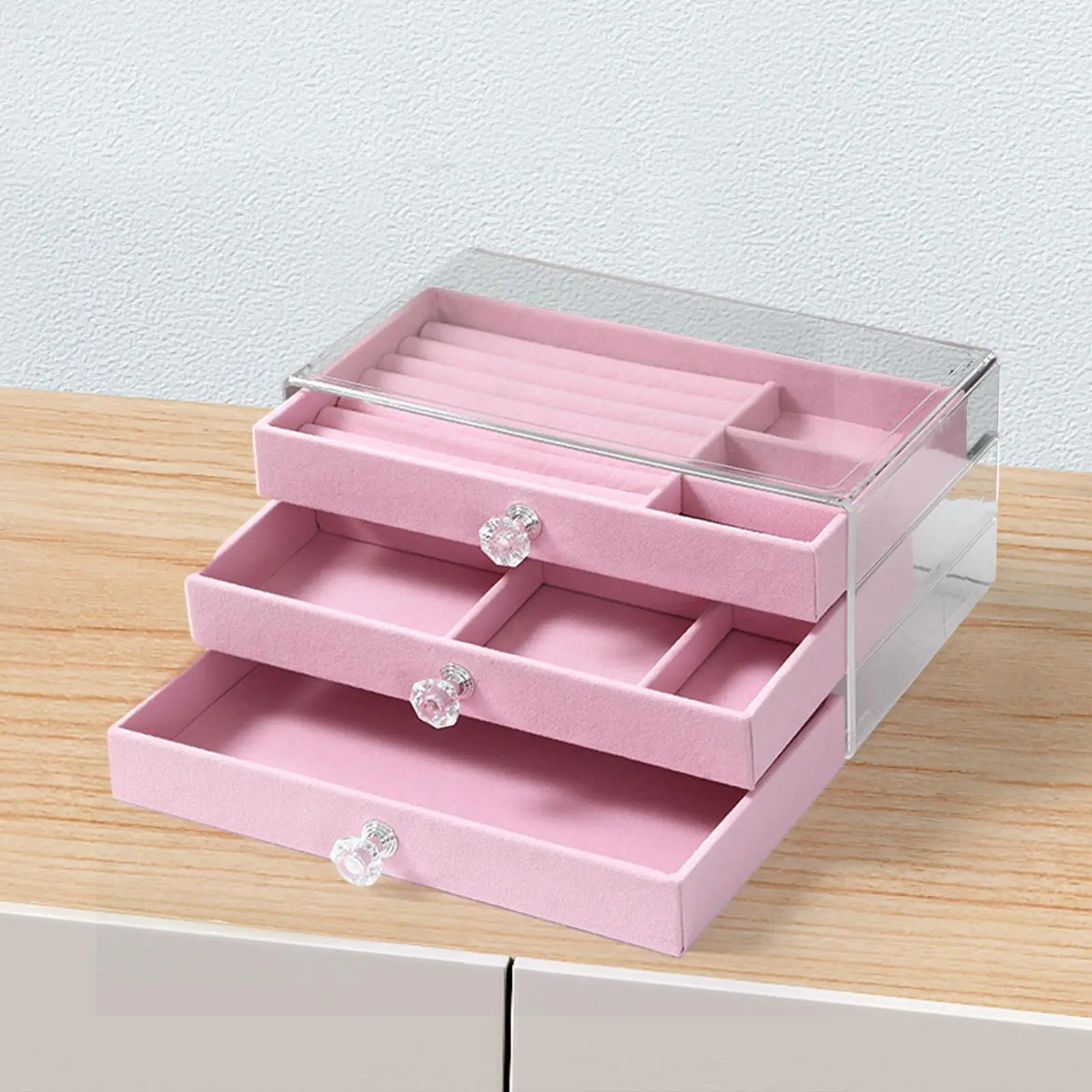 Portable Jewelry Box Acrylic Mirrored Rings Earrings Velvet Lined 3 Layer Jewelry Storage Box for Friends, Wife or Mother Gift