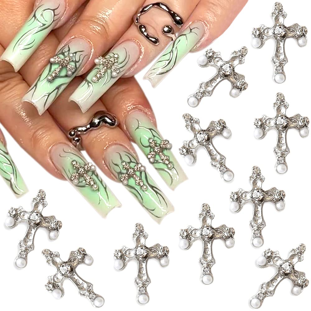 Best of 10Pcs Gold / Silver Cross Nail Charms 3D Metal Punk Retro Pearl Diamond Cross Nail Art Decorations Kawaii DIY Manicure Accessories Reviews & Tips