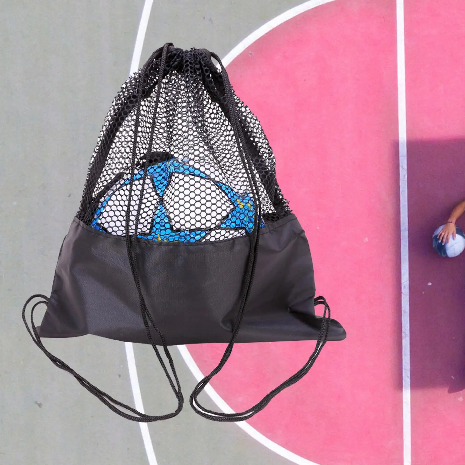 Drawstring Backpack Durable Oxford Cloth Gym Bag Black Portable Basketball Mesh Bag for Football Swimming Travel Rugby Softball