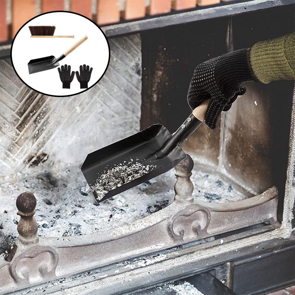 Fireplace Tools Ash Shovel and Hearth Brush Set Dust Shovel Firepit Gloves Hearth Tidy Fireside Wood Burner Accessories