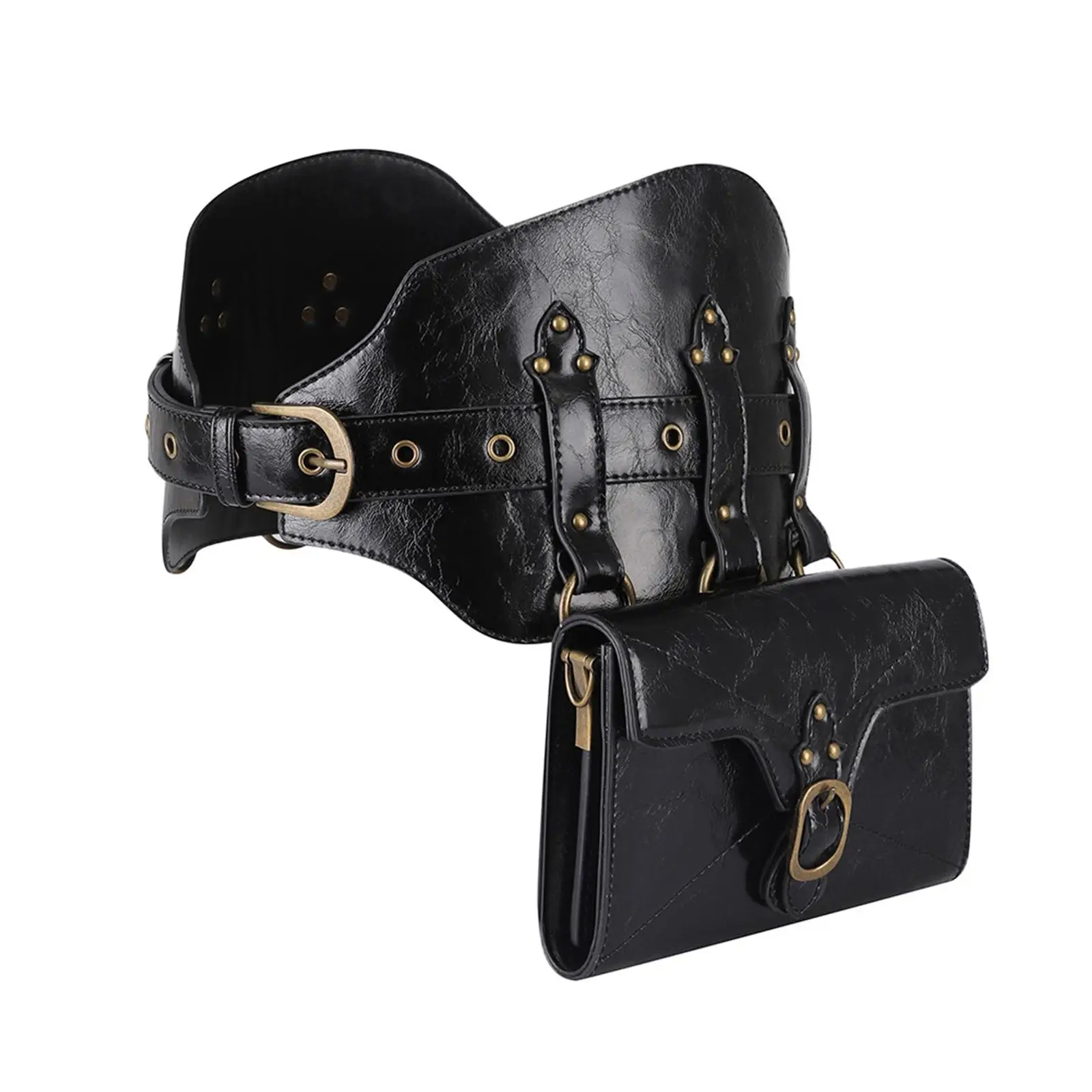 Gothic Waist Packs PU Leather Handbag Fanny Pack Women Steampunk Waist Belt Bag for Street Shopping Vacations Backpacking Hiking