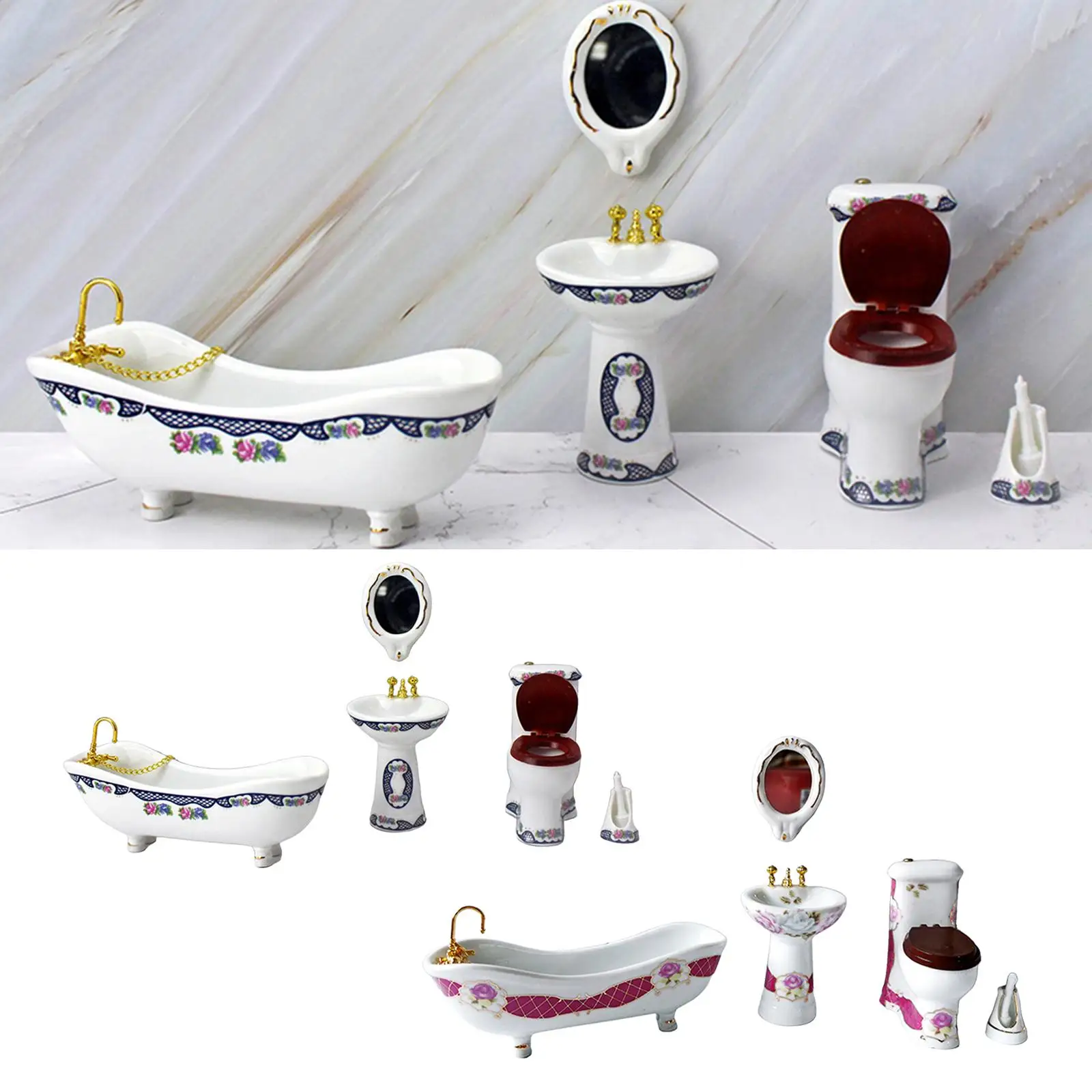 5 Pieces 1:6 Scale Dollhouse Porcelain Bathroom Set Mini Restroom Decoration