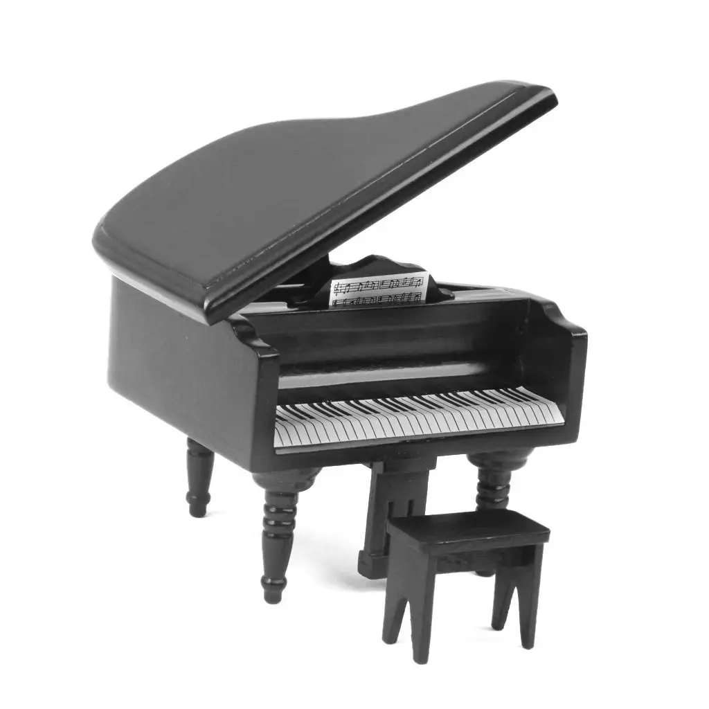 1/12 Scale Miniature Wooden Piano With Chair Handicraft Model Accessory Black
