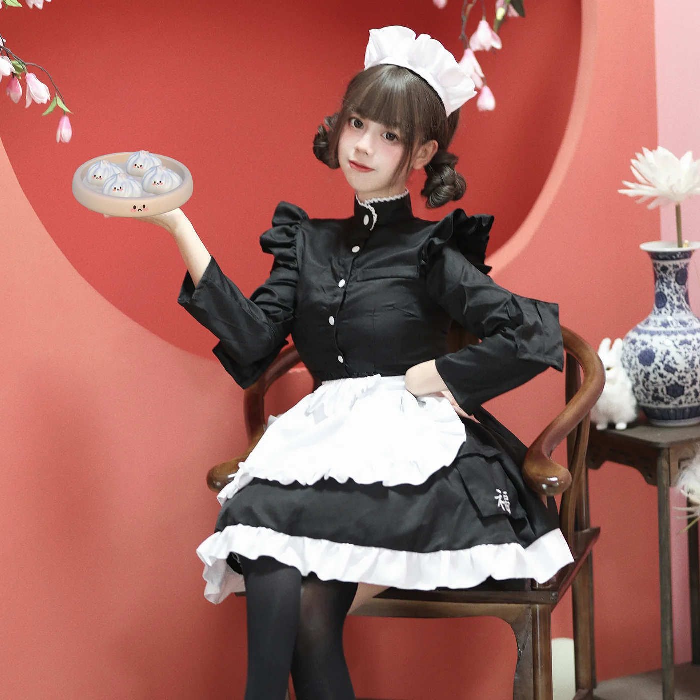 Chinese Style Kung Fu Maid Costume Women`s Plus Size Long Sleeve Cos Cute Anime Black And White Cartoon Cosplay Costume Dresses
