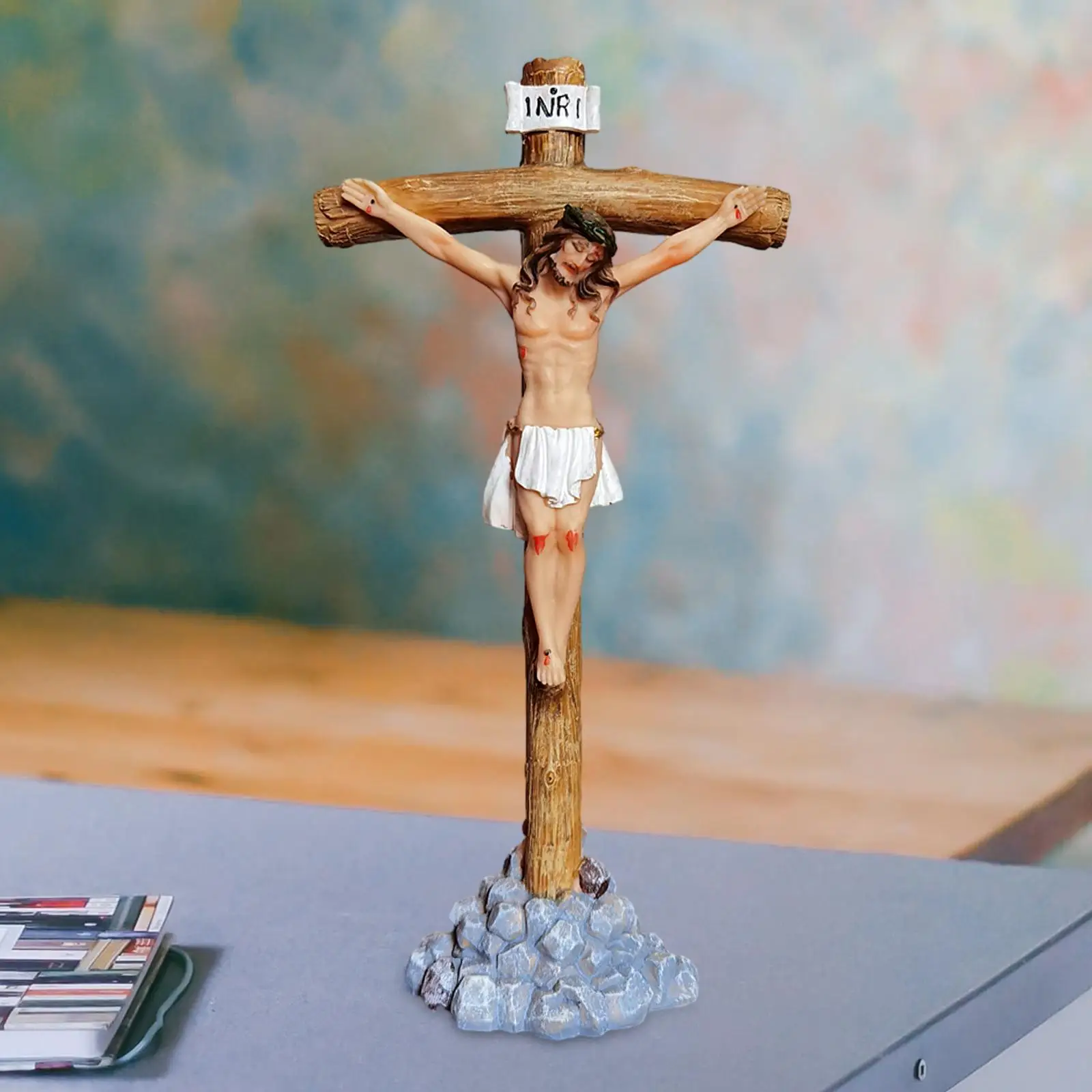 Jesus on The Cross Figurines Family Craftsmanship Risen Crucifix for Holiday Tabletop Housewarming Ornament 29cm Tall