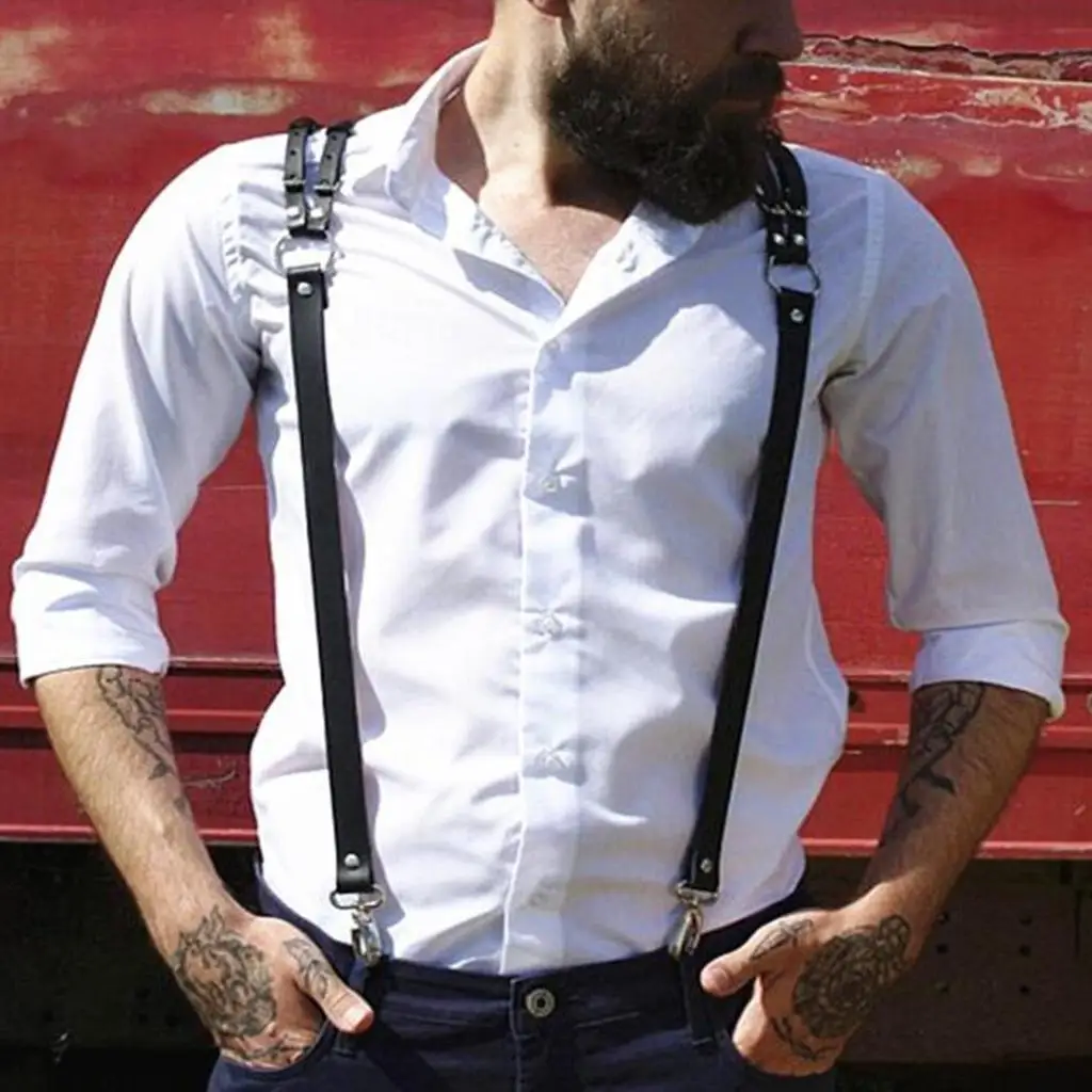 Leather Suspenders Mens Y-Back Vintage Trouser Braces Adjustable Black