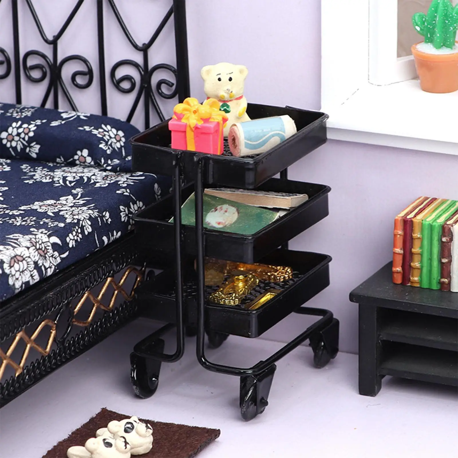  Miniature Rolling Cart Bookshelf Dollhouse Furniture Accessories