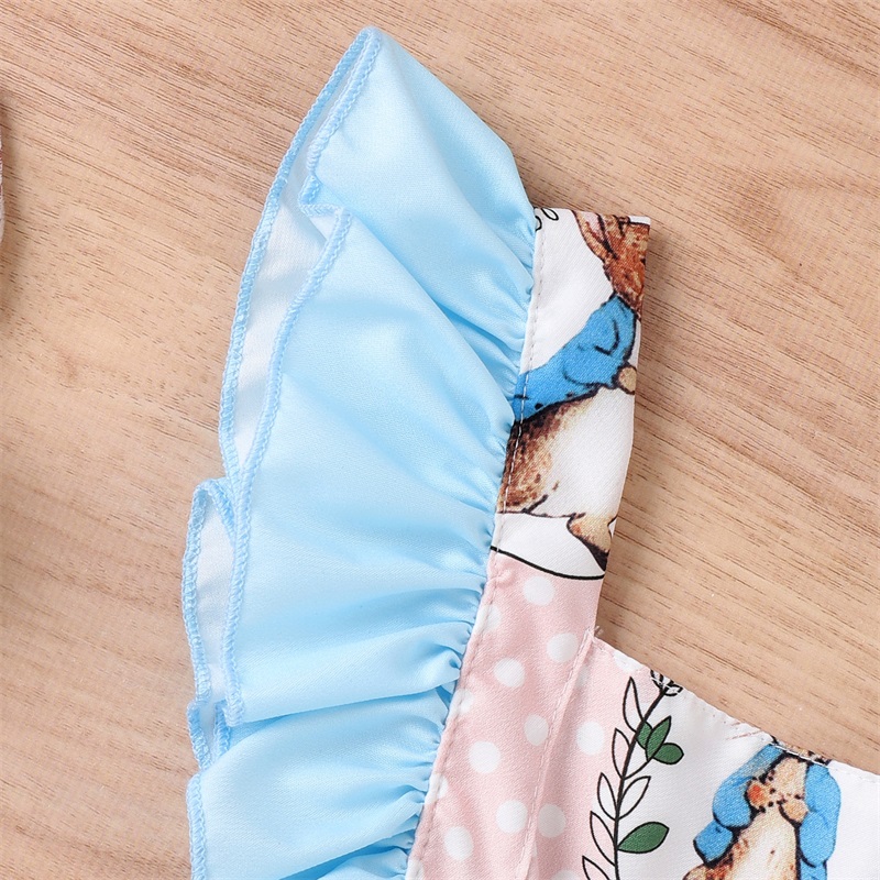 Ostern Infant Baby Mädchen Strampler Dot Kaninchen Druck Square Neck Fly Hülse Rüschen Backless Baby Bodys mit Bogen Stirnband – Detail 5